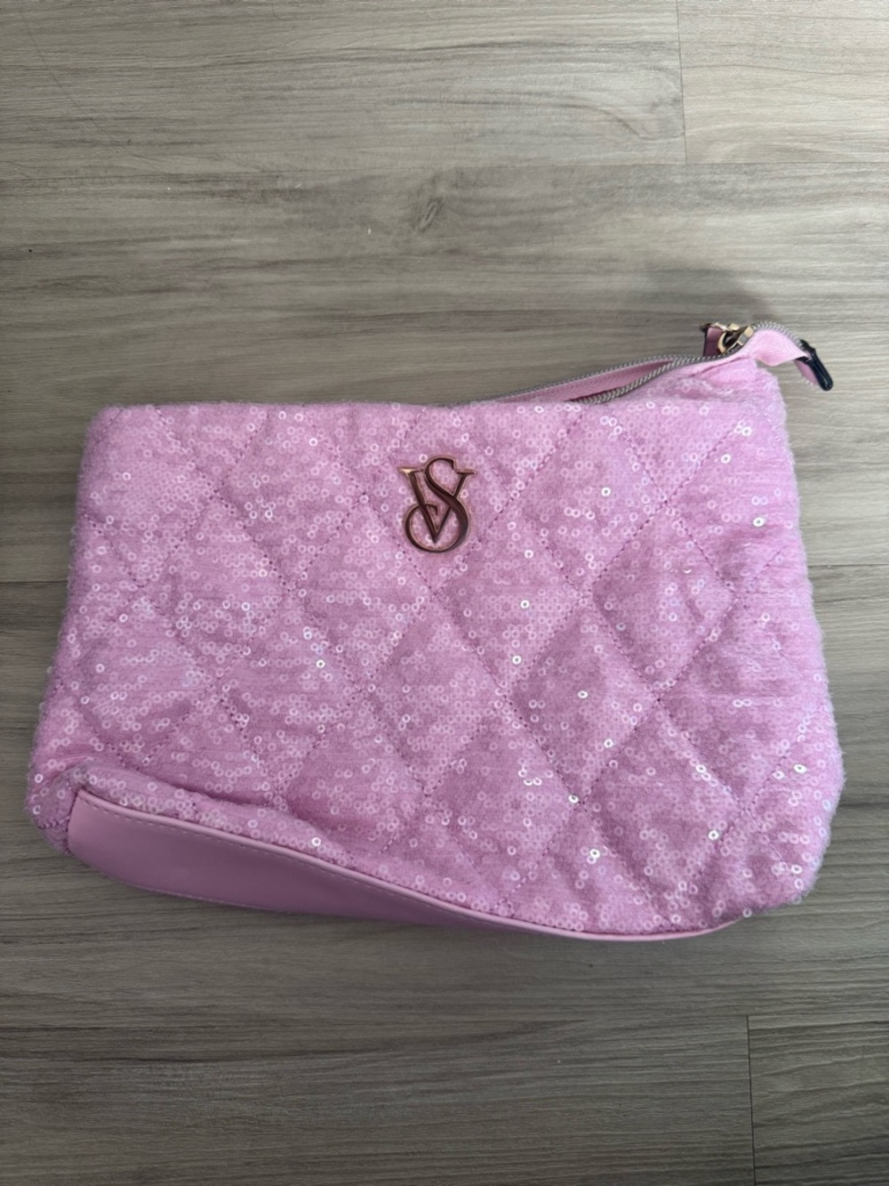 Victoria's Secret Pink Quilted Sequin Makeup Pouch with Gold Logo